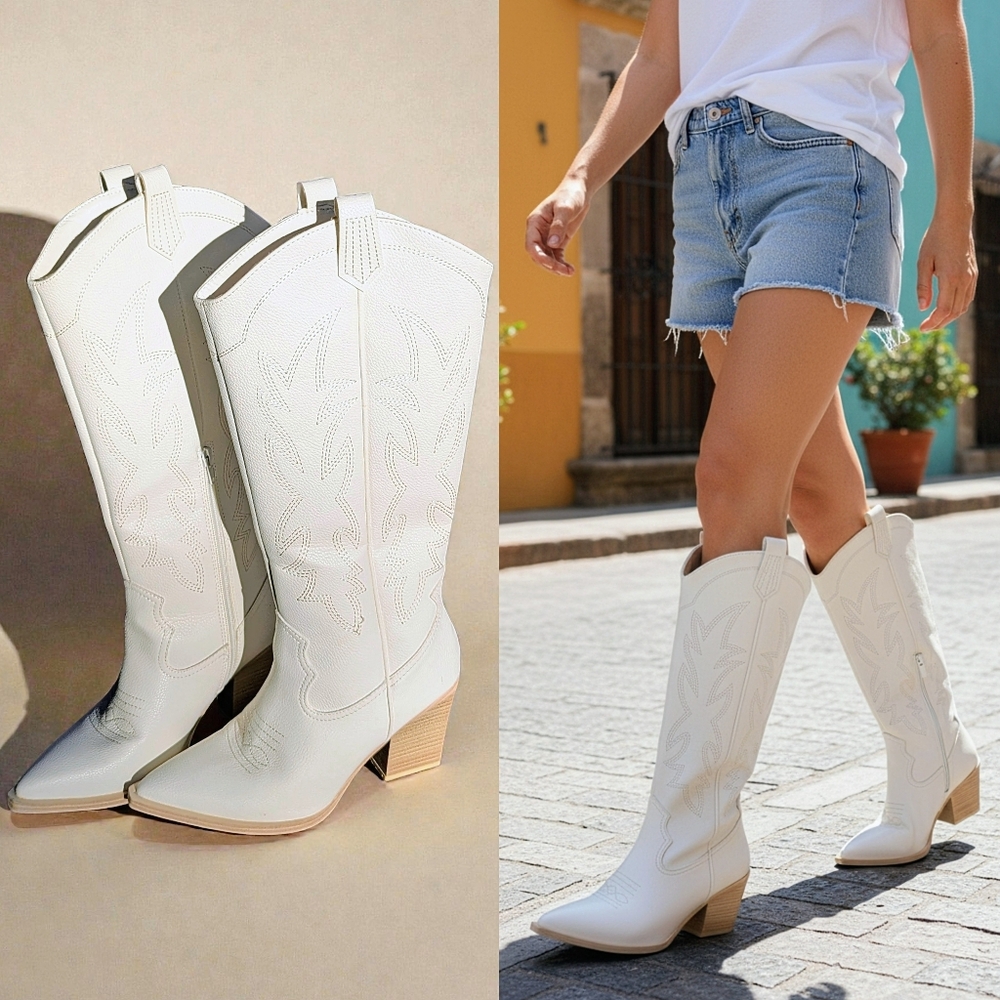 Altar’d State White Knee High Cowboy Boots Women’s 7.5 Western Boho Block Heel